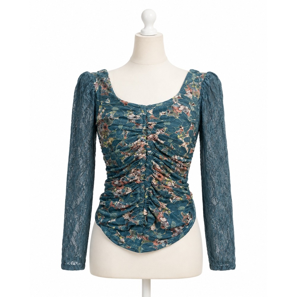 Gimmicks Floral Lace Large Teal Ruched Boho Cottagecore fairycore gardencore